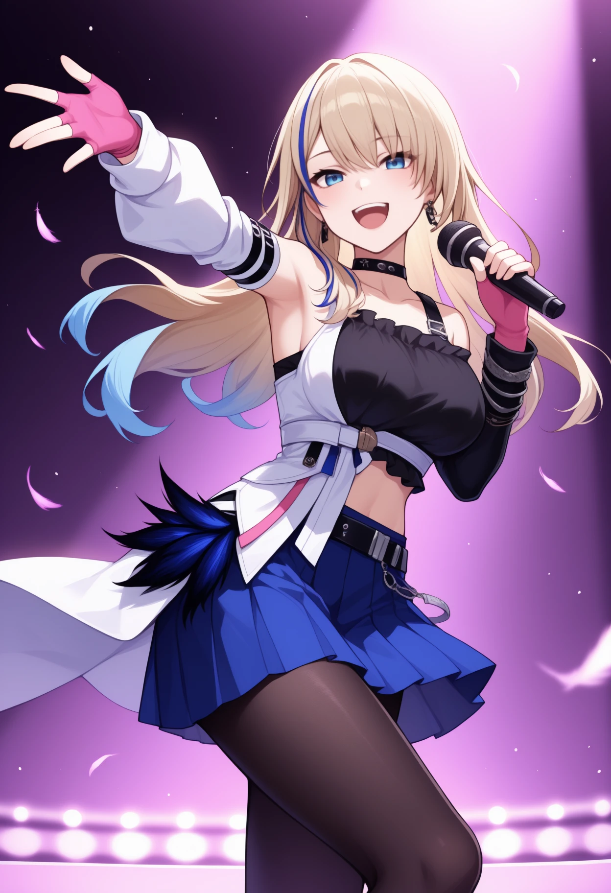 masterpiece, best quality, <break> solo, 1girl, s3rvall4ndau, :d, teeth, looking at viewer, standing, singing, holding microphone, outstretched arm, long hair, streaked hair, blonde hair, blue hair, blue eyes, white jacket, two-tone shirt, white shirt, black shirt, sleeveless shirt, feathers, detached sleeves, asymmetrical sleeves, white sleeves, black sleeves, arm belt, pink gloves, fingerless gloves, blue skirt, pleated skirt, black belt, black pantyhose, earrings, black choker, bare shoulders, collarbone, large breasts, stage, spotlight
<segment:yolo-Anzhc Face seg 640 v2 y8n.pt,0.4,0.5//cid=1>