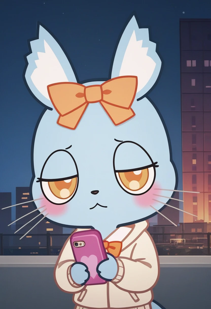 score_9, score_8_up, score_7_up, score_6_up, score_5_up, BREAK
Man4ka, anthro, female, Aggretsuko, 1girl, solo, blush, bow, holding, animal ears, yellow eyes, hair bow, no humans, :3, night, phone, cellphone, smartphone, furry, holding phone, city, orange bow, whiskers