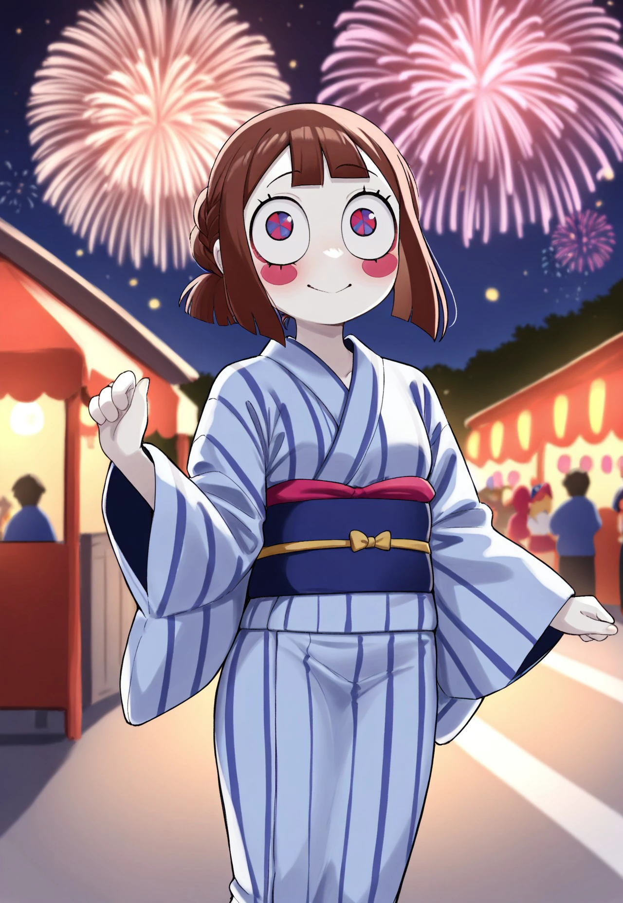 masterpiece, best quality, high resolution, absurdres, solo, 1girl, pomni_(the_amazing_digital_circus), two-tone_eyes, brown_hair, short_hair, white_skin, blush_sticker, kimono, outdoors, happy, fireworks, festival, night,