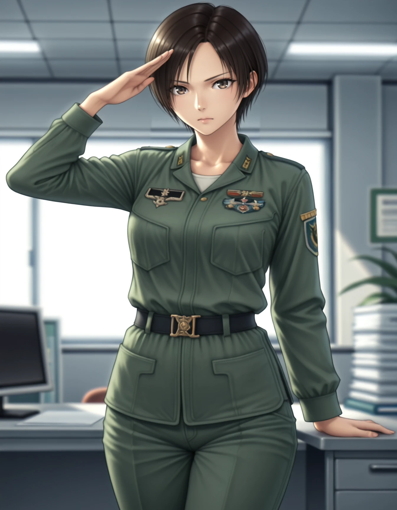 <lora:nagase-kei-ac5-v2-illustrious-000030:1> n4g4s3ke1, military uniform, pants,
1girl, solo, serious, salute, cowboy shot, legs together, desk, office, depth of field
masterpiece, best quality, masterpiece, best quality