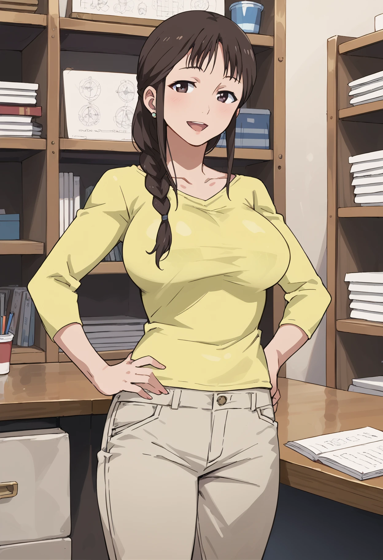 segawamisato, 1girl, solo, , single braid, khaki pants, hair over shoulder, long hair, looking at viewer, , large breasts, yellow shirt, brown hair, collarbone, long sleeves,  (cowboy shot:1.5), smile,standing, desk, bookshelf, hands on own hips,  ,black e...