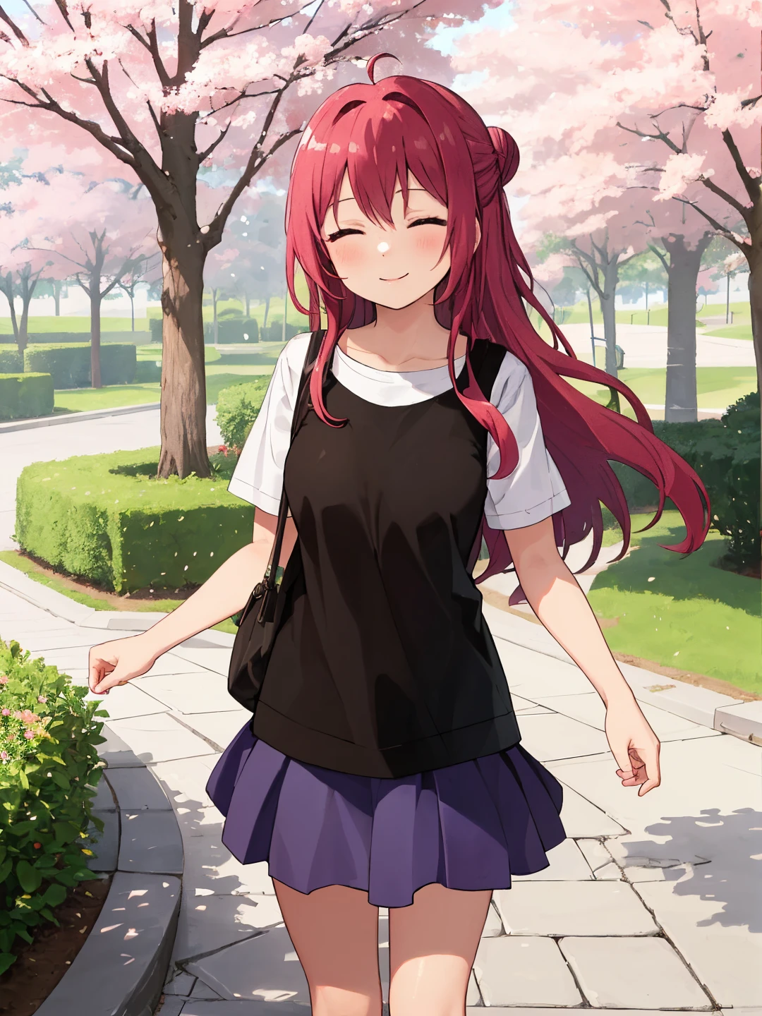 <lora:Akaza_Akane_0R:0.7>
akazaakane, closed eyes, pink hair, long hair, ahoge, hair between eyes, single hair bun
shirt, skirt
masterpiece, best quality, ultra-detailed, detailed, detailed skin, absurdres, 8k, digital art
1girl, solo, facing viewer, standing, looking at viewer, standing, cowboy shot, smile
(outdoors, park, cherry blossoms, tree, bush, flower bed, grass, road, street, asphalt, stone floor)