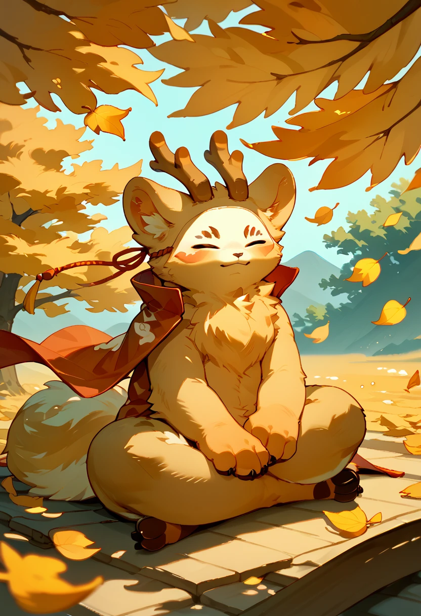 score_9, score_8_up, score_7_up, sibuxiang, closed eyes, furry, solo, 1boy, looking at viewer, <lora:Sibuxiang_Fabulous_Beasts:1>, wind, golden leaves, tree, sitting, <lora:add-detail-xl:1>