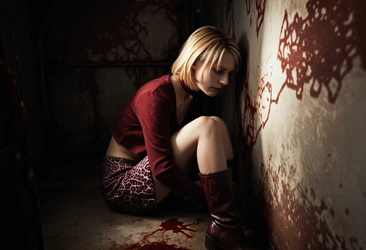 score_9, score_8_up, score_7_up,   1girl, <lora:SH3_BG_Bleeding_Walls:1> bleeding walls, blood, dark, indoors  <lora:dark:0.3> dark  sh2maria, skirt, blonde hair, choker, leopard print, midriff, boots,  <lora:Maria_Silent_Hill_2_Pony:1>  <lora:fetal_positi...