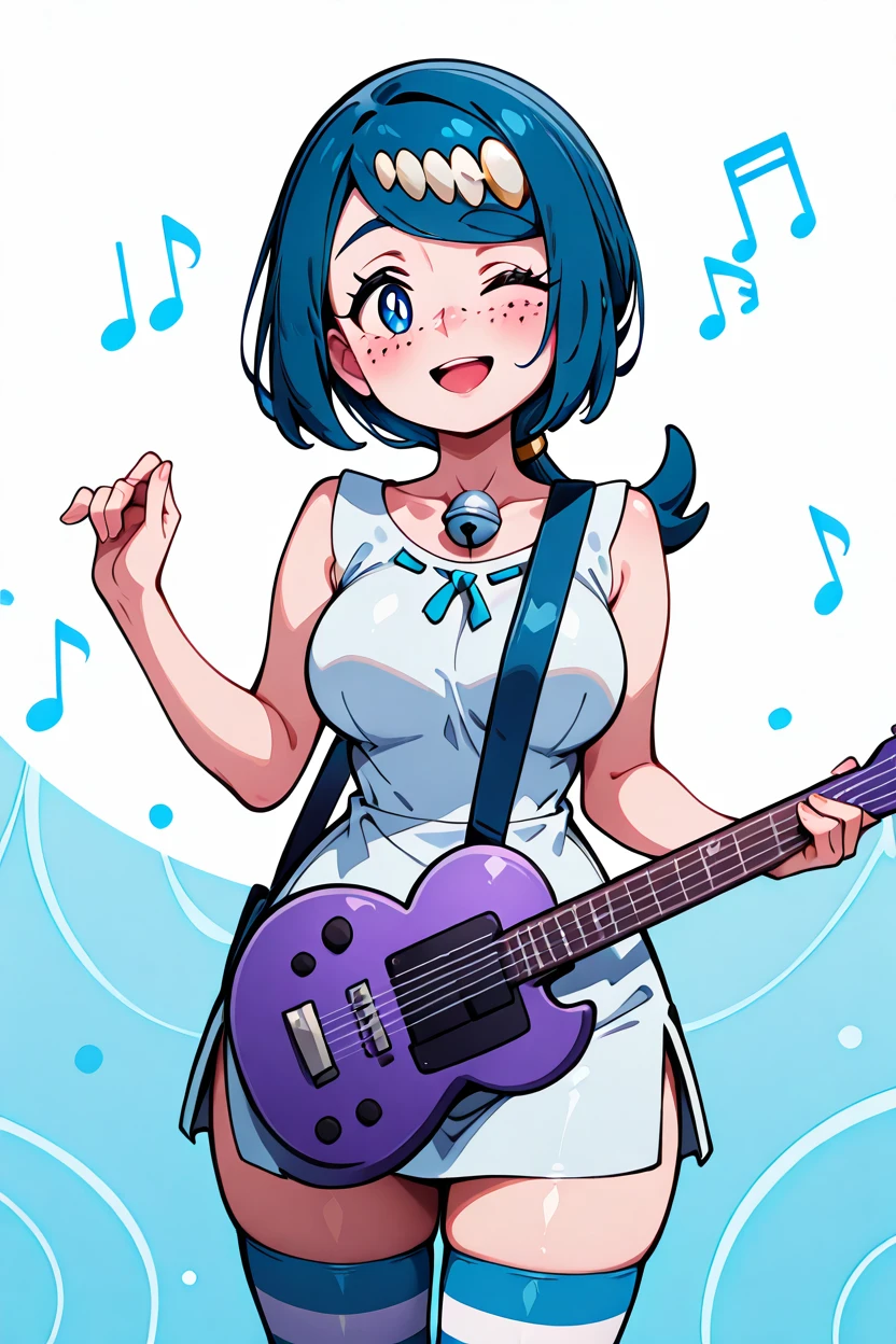 masterpiece, best quality, 32k, high resolution, absurdres, medium breasts, (curvy), cute, eyelashes, vivid colors, BREAK  ,,, zzLanasMother, lana's mother (pokemon)  blue hair, blue eyes, long hair, freckles, large breasts, hair ornament,  <lora:LanasMotherPokemonIXL_v2:1.0>,   ,,,,,,<lora:ShowByRock_Illustrious:1>, <lora:GoldenCATLoraIXL:0.6>,,, solo, looking at viewer, blush, smile, open mouth, thighhighs, one eye closed, striped, bell, ;d, instrument, striped thighhighs, guitar, music notes, abstract background, luminescent background,