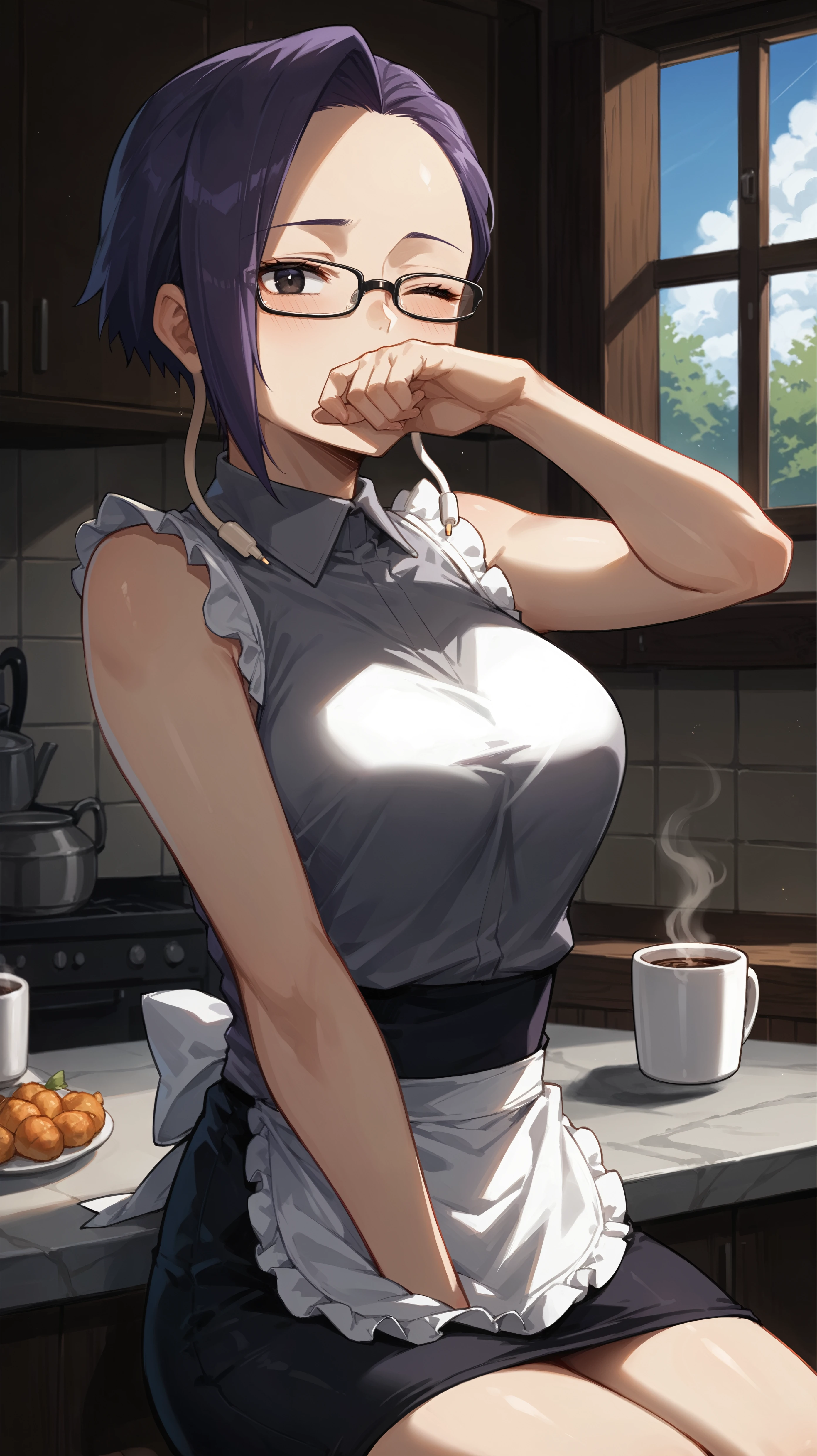 1girl, solo, nakano ichika, pink short hair, (naked:1.3), (white apron), large breasts, cleavage, thighs, cafe background, (blushing:1.2), smiling