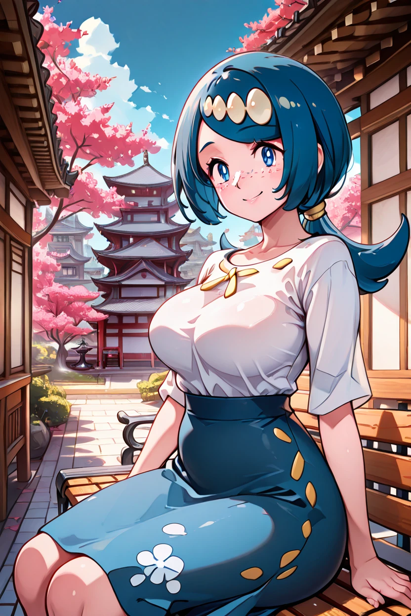 masterpiece, best quality, medium breasts, (curvy)   ,,,  sitting on bench, side view, looking at viewer  ,,, BREAK,  zzLanasMother, lana's mother (pokemon)  blue hair, blue eyes, long hair, freckles, large breasts, hair ornament, white shirt, blue skirt,  <lora:LanasMotherPokemonIXL_v2:1.0> ,,,,  smile, pnkBldng, sky, day, cloud, tree, blue sky, building, architecture, east asian architecture,  <lora:PinkBuildingIXL_v2:1.0>,