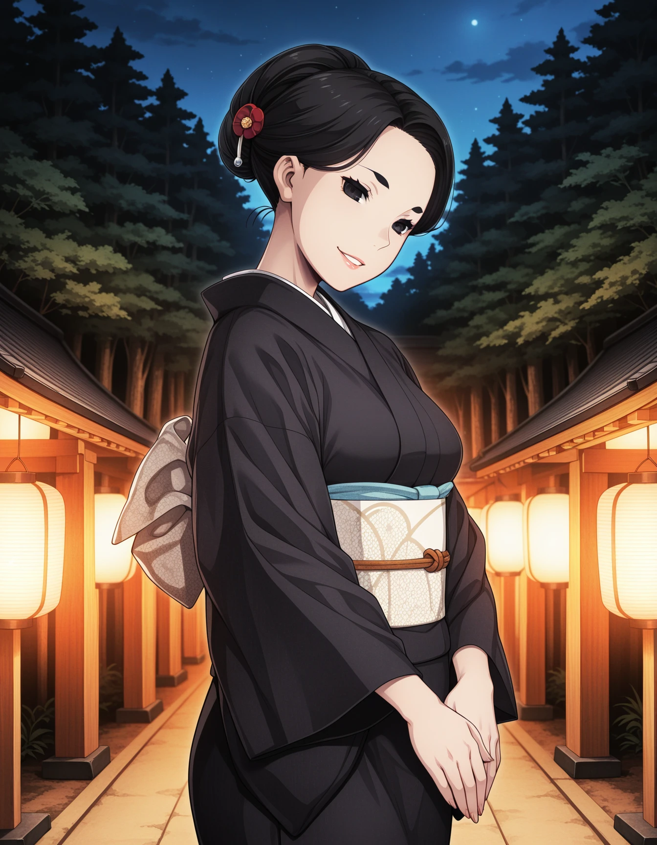 1girl, solo, nagami misuzu, mature female, black hair, short hair, single hair bun, forehead, black eyes, lips, light smile, grin, closed mouth, black kimono, obi, obiage, sash, standing, hands together, looking at viewer, head tilt, from side, cowboy shot, outdoor, forest, japanese buildings, lantern, detailed background, night, dark theme, masterpiece, best quality, very aesthetic <lora:nagami_misuzu_illustrious_v1:0.8>