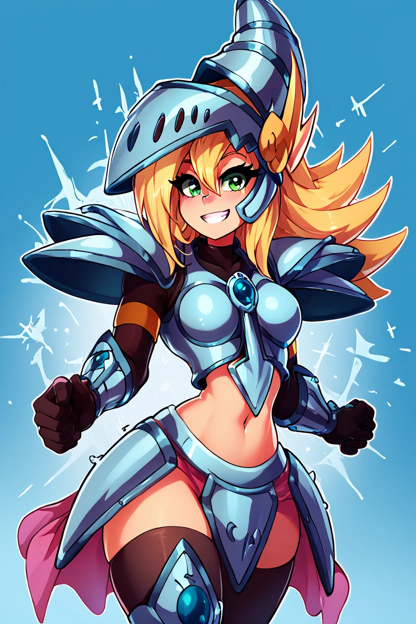 score_9, score_8_up, score_8, medium breasts, (curvy), cute, eyelashes,       BREAK, , ,,,   zzDMGDragonKnight, green eyes, long hair, blonde hair, hair between eyes, armor, helmet, ,<lora:DarkMagicianGirl_DragonKnight_PDXL:1.0>, ,,, , BREAK, smile, looking at viewer, ,,, abstract background, white outline, cowboy shot, ,,, embedding:zPDXL, Expressiveh, ,,, <lora:theOtherHalfPDXL:0.8>, <lora:CatalystStylePDXL:0.6>, <lora:SDXLFaeTastic2400:0.5>, <lora:Expressive_H-000001:0.4>,