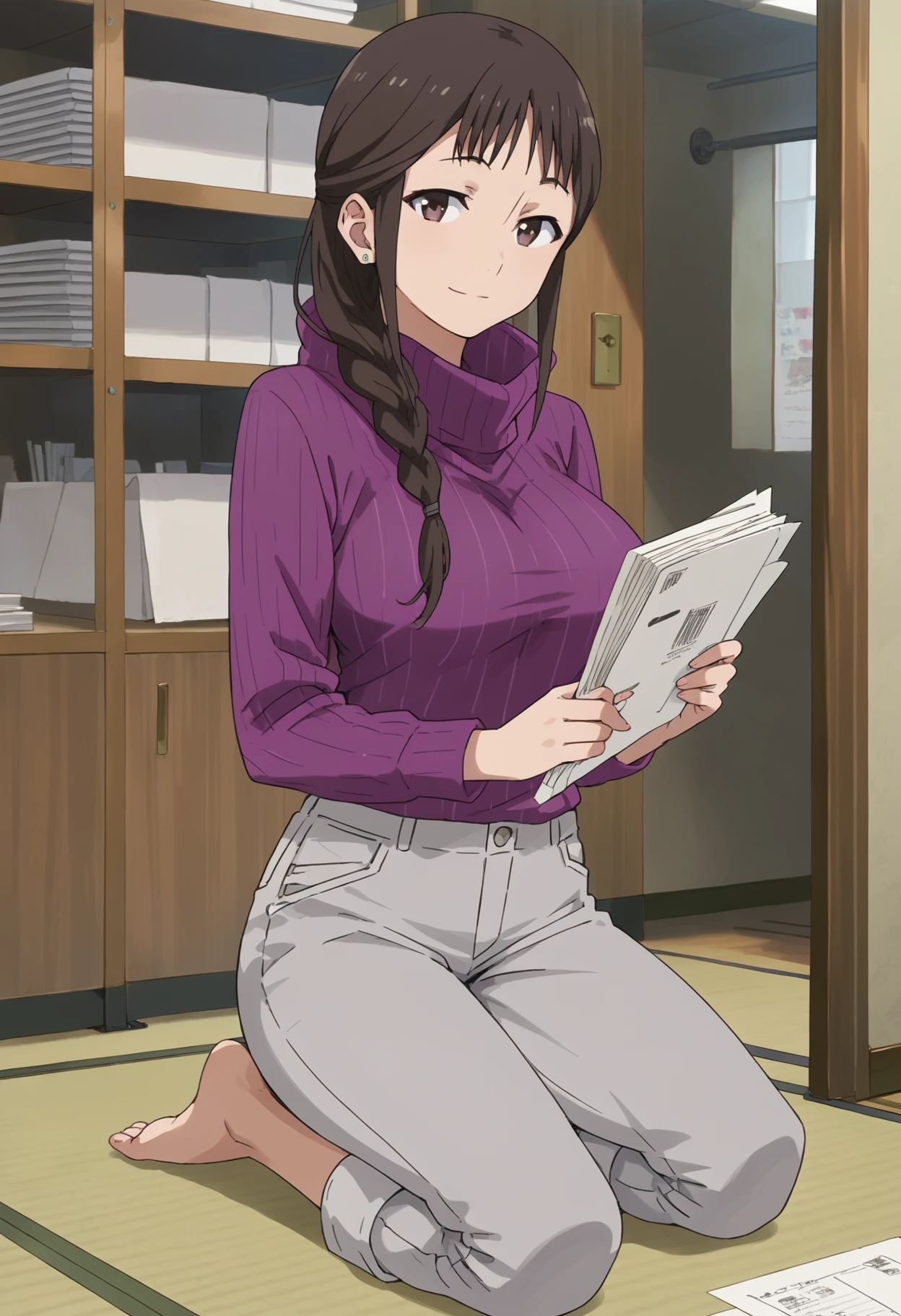 <lora:segawamisato_ponyV2_new6:1>segawamisato, 1girl, solo, hair over shoulder, long hair, brown hair, stud earrings, grey pants, single braid, black eyes, purple sweater , large breasts, kneeling, looking at viewer, smile, (holding document:1), barefoot, ...