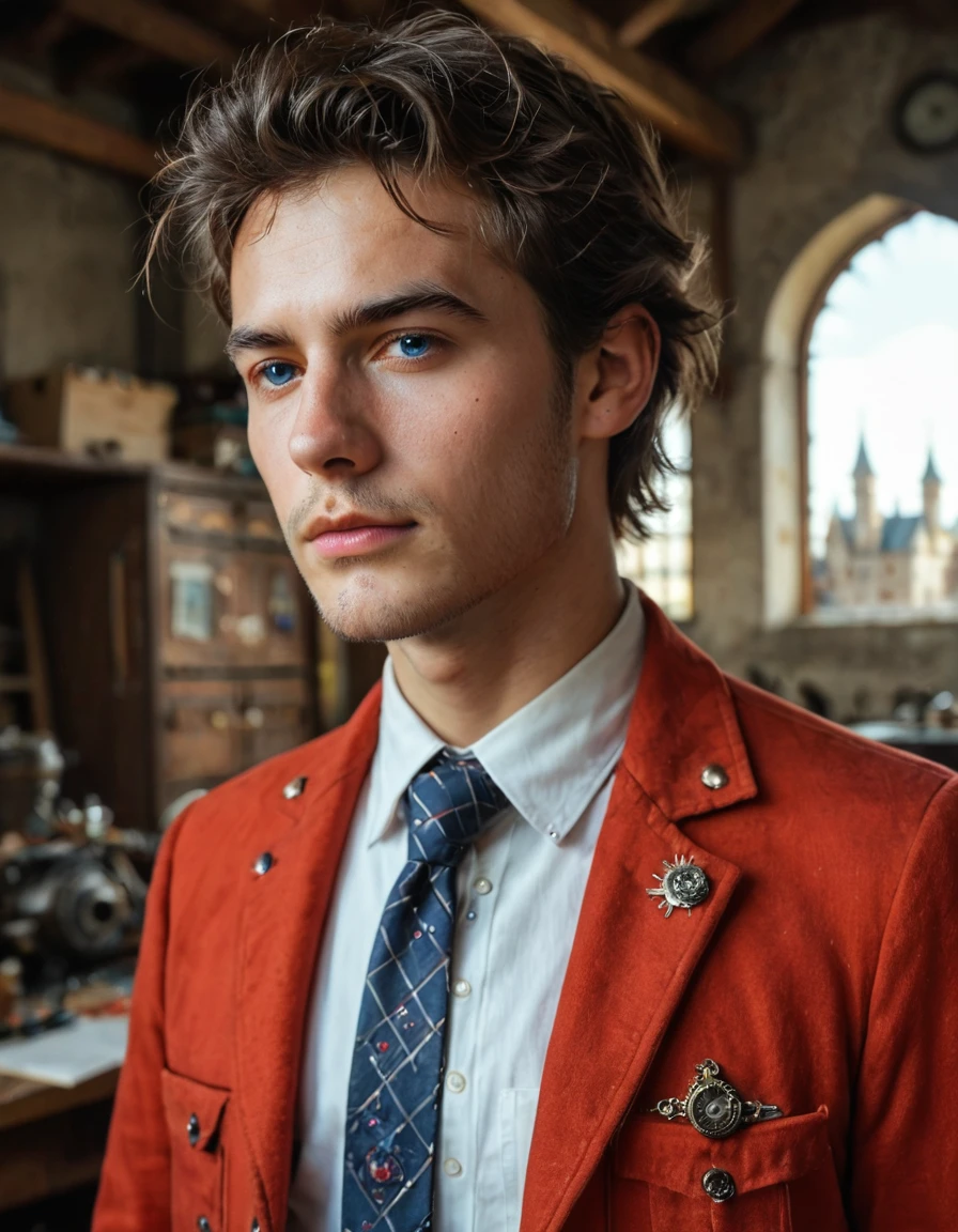 score_9, score_8_up, score_7_up, score_6_up, 
(photo, photorealistic, masterpiece, source_photo, realistic, professional photo:1.4), 
boy, 
a beautiful steampunk boy, cowboy shot, short black stylish hair, bangs, red jacket, shirt, tie, cog, blue eyes, look at the view, workshop, steampunk, intricate design, outdoors, 
(medieval dark castle:1.4), 
<lora:detailed_eye_model:1>, 
<lora:detailed_notrigger:0.6>,  
<lora:d3t41l3dXLP:0.4>, 
<lora:mimimeter:0>, 
<lora:1dkXLP:0.2>, 
EZRealPONYXL,