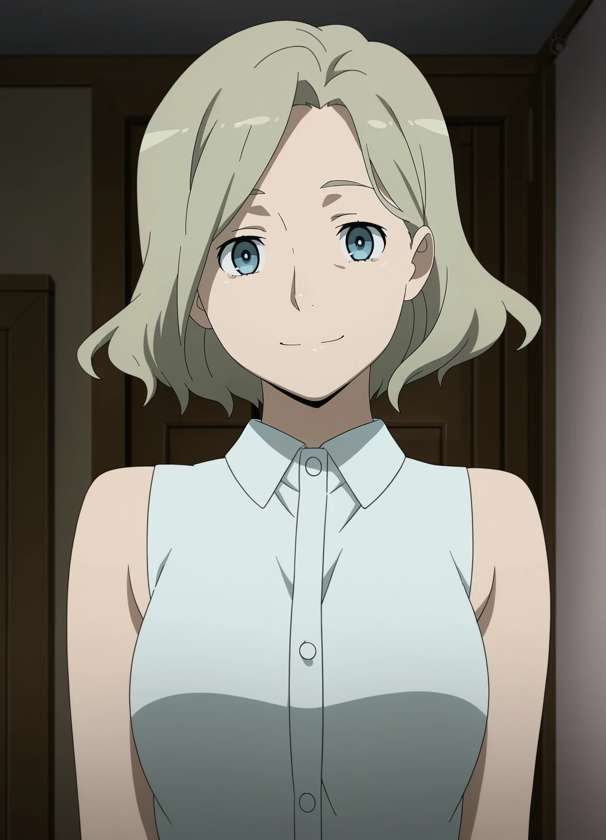 1girl,solo,Irene,mature female,short hair,blue eyes,blonde hair,anime coloring,
shirt,sleeveless, upper body, looking at viewer, smile,indoors
,masterpiece,best quality,amazing quality,<lora:Irene_Honma-Anohana:0.8>