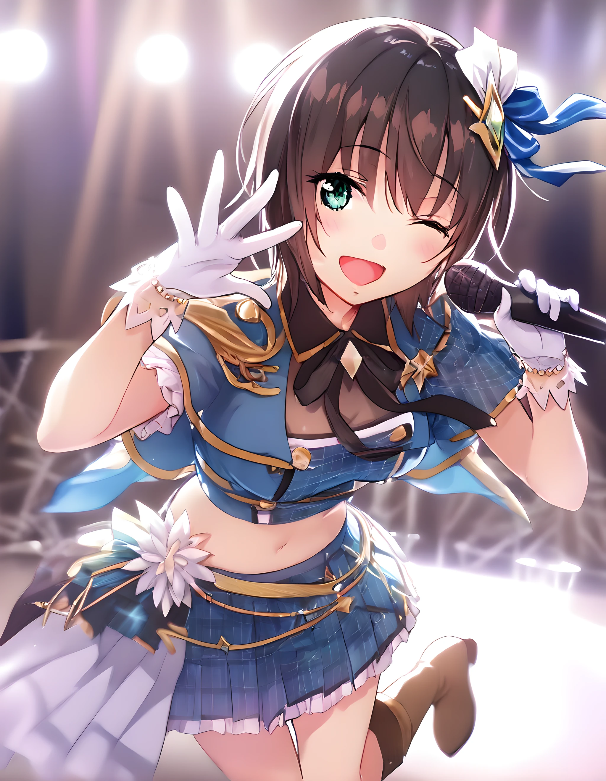 <lora:illustrious_XL_aoi:0.9>,aoi,masterpiece,best quality,good quality,1girl,solo,idol,hair ornament,hair ribbon,black neck ribbon,blue shirt,crop top,midriff,navel,short sleeves,blue small caplet,capelet,ruffles,white gloves,blue mini skirt,pleated skirt,brown boots,standing,hands up,microphone,holding microphone,standing on one leg,stage,spotlight,blurry,blurry background,smile,;d,one eye closed,open mouth,blush,