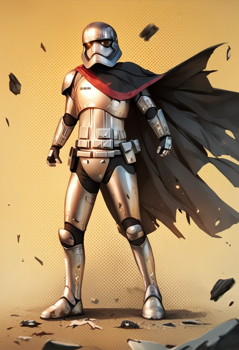 <lora:phasma-pxl:1> phasma-pxl, captain phasma, long cape, solo, Amber and Amber background, halftone background, stepping, full body, destroyed clothes, score_9, score_8_up, score_7_up, score_6_up, score_5_up, score_4_up