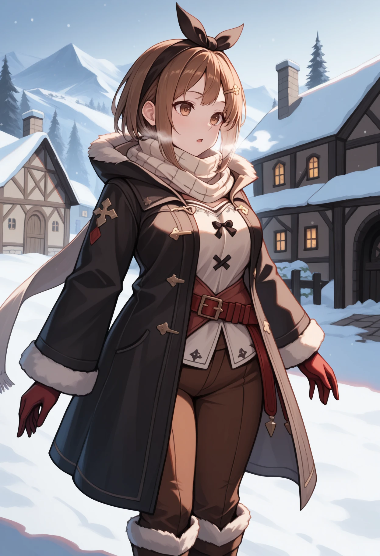 masterpiece, best quality, 1girl, solo, ReisalinStout, short hair, hairclip, black bow hairband, outdoors, winter, snow, medieval village, fantasy, cold, visible breath, breath, winter clothes, black coat, scarf, red gloves, brown pants, fur-trimmed boots, <lora:ChamReisalinStoutIllustriousXL:1>