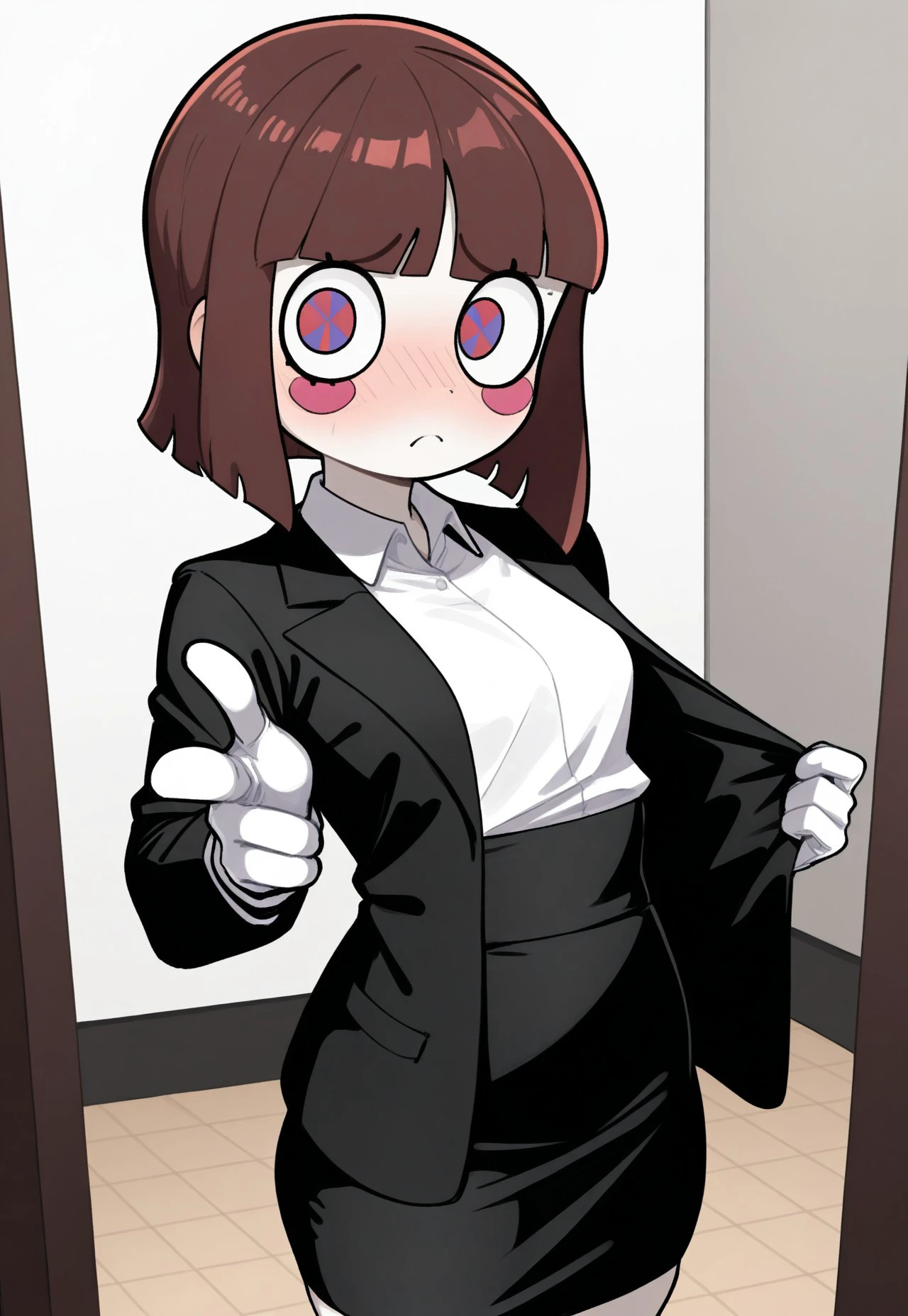 safe_pos, masterpiece, best quality, high resolution, absurdres, solo, 1girl, pomni_(the_amazing_digital_circus), two-tone_eyes, brown_hair, short_hair, white_skin, blush_sticker, formal, white_shirt, collared_shirt, small_breasts, black_jacket, open_jacket, high-waist_skirt, black_skirt, white_gloves, indoors, finger_gun, looking_at_viewer, frown,