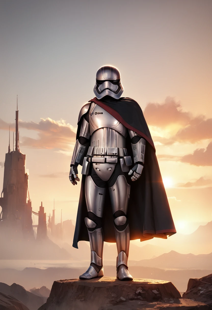 <lora:phasma-pxl:1> phasma-pxl, captain phasma, long cape, solo, sunrise, tiptoes, pectoral focus, score_9, score_8_up, score_7_up, score_6_up, score_5_up, score_4_up