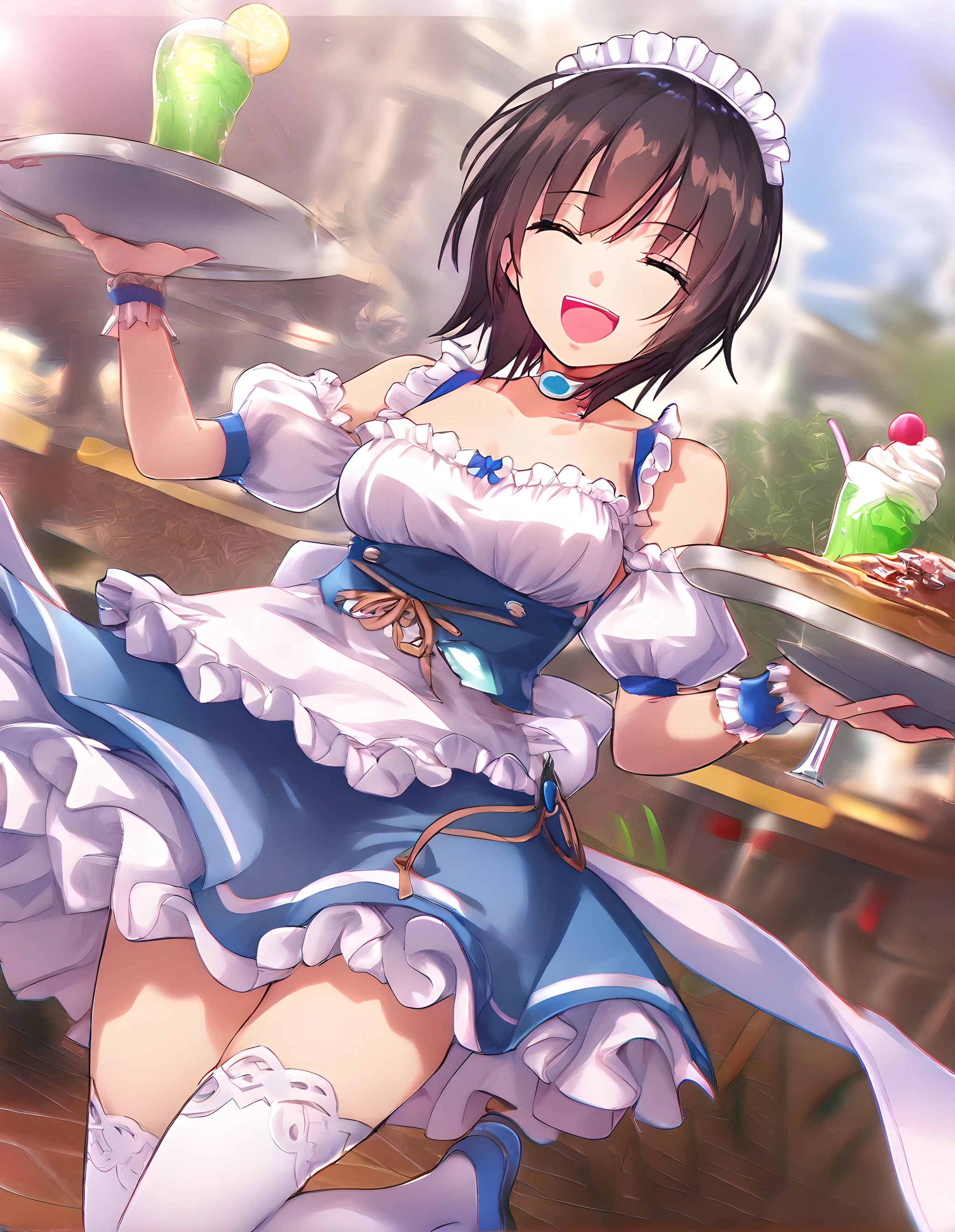 <lora:illustrious_XL_aoi:0.9>,aoi,masterpiece,best quality,good quality,1girl,solo,maid,maid headdress,choker,blue dress,bare shoulders,waist apron,back bow,puffy sleeves,detached sleeves,wrist cuffs,frills,white thighhighs,shoes,zettai ryouiki,holding,tray,holding tray,cream soda,blue footwear,food,drinking_glass,cup,laughing,restaurant,day,cowboy_shot,looking_at_viewer,