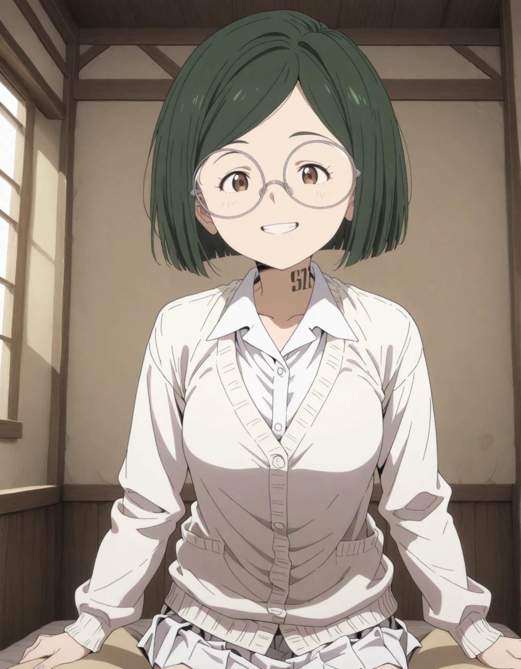 anime screenshot, flat color,  <lora:ai_styles_collection_noob_eps_v1:1>, masterpiece, best quality, absurdres, 1girl, solo, <lora:Gilda-TPN:0.8>, gilda, green hair, short hair, round eyewear, glasses, brown eyes, white shirt, collared shirt, untucked shirt, white skirt, pleated skirt, long sleeves, upper body, white cardigan, smile, grin, indoors, neck tattoo, number tattoo,