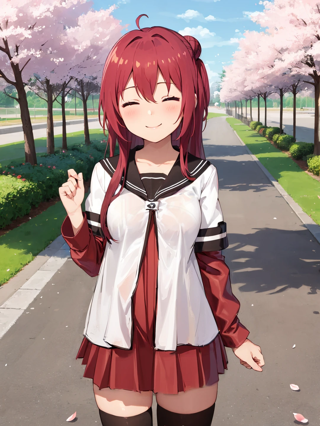 <lora:Akaza_Akane_0R:0.7>
akazaakane, closed eyes, pink hair, long hair, ahoge, hair between eyes, single hair bun
(nanamori school uniform:1.4), white shirt, sailor collar, brown sailor collar, brown skirt, pleated dress, (brown long sleeves:1.2), short over long sleeves, thighhighs
masterpiece, best quality, ultra-detailed, detailed, detailed skin, absurdres, 8k, digital art
1girl, solo, facing viewer, standing, looking at viewer, standing, cowboy shot, smile
(outdoors, park, cherry blossoms, tree, bush, flower bed, grass, road, street, asphalt, stone floor)