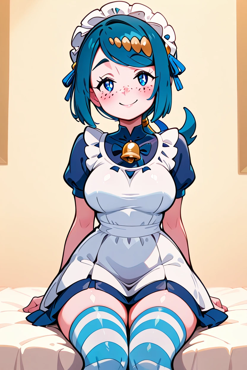 masterpiece, best quality, 32k, high resolution, absurdres, medium breasts, (curvy), cute, eyelashes, vivid colors, BREAK  ,,, zzLanasMother, lana's mother (pokemon)  blue hair, blue eyes, long hair, freckles, large breasts, hair ornament,  <lora:LanasMotherPokemonIXL_v2:1.0>,   ,,,,,,<lora:ShowByRock_Illustrious:1>, <lora:GoldenCATLoraIXL:0.8>,,,  solo, blush, smile, thighhighs, dress, bow, sitting, closed eyes, striped, maid headdress, bell, striped thighhighs,