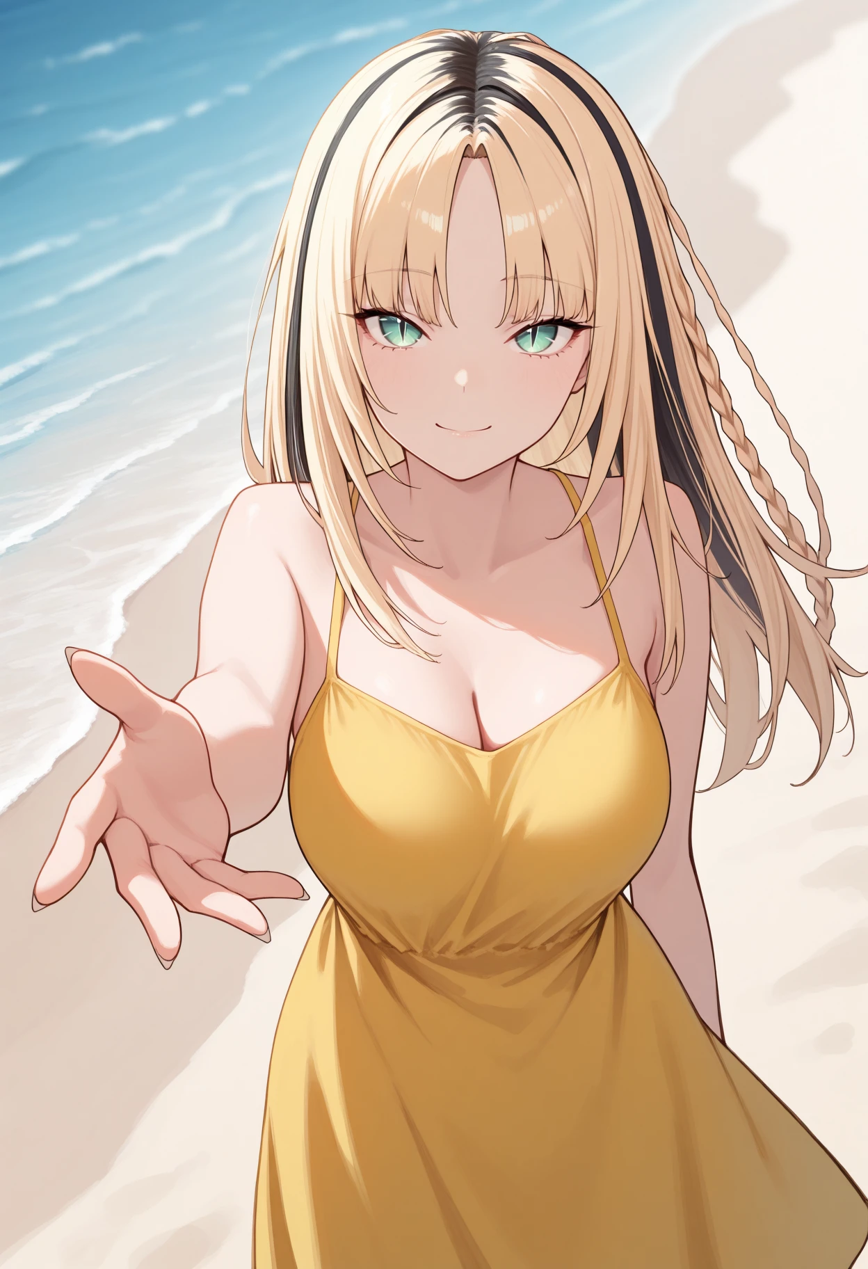 masterpiece, best quality, 1girl, solo, KoganeiNiko, green eyes, slit pupils, multicolored hair, blonde hair, black hair, long hair, side braid, parted bangs, outdoors, on beach, summer, yellow sundress, no bra, looking at viewer, reaching towards viewer, beckoning, smile, <lora:ChamKoganeiNikoIllustriousXL:1>