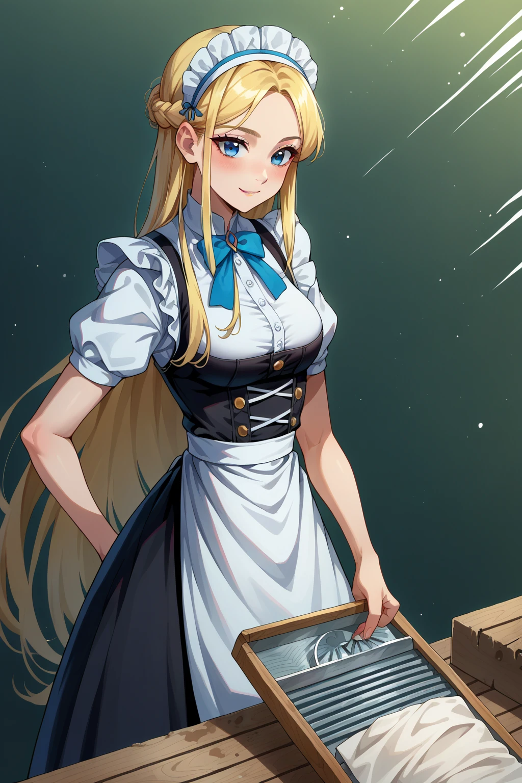 Maid Dress, Black Skirt, White Apron, Mini Skirt, blush,, score_9, score_8_up, score_7_up, source_anime,, solo, soft smile, light smile,
katya1, 1girl, blue eyes, very long hair, blonde hair, long blonde hair, french braid, bangs, medium breasts, Vintage Washboard, Glass Washboard, Frottoir,, Washing Laundry, Scrubbing Laundry, Scrubbinb. Suds.