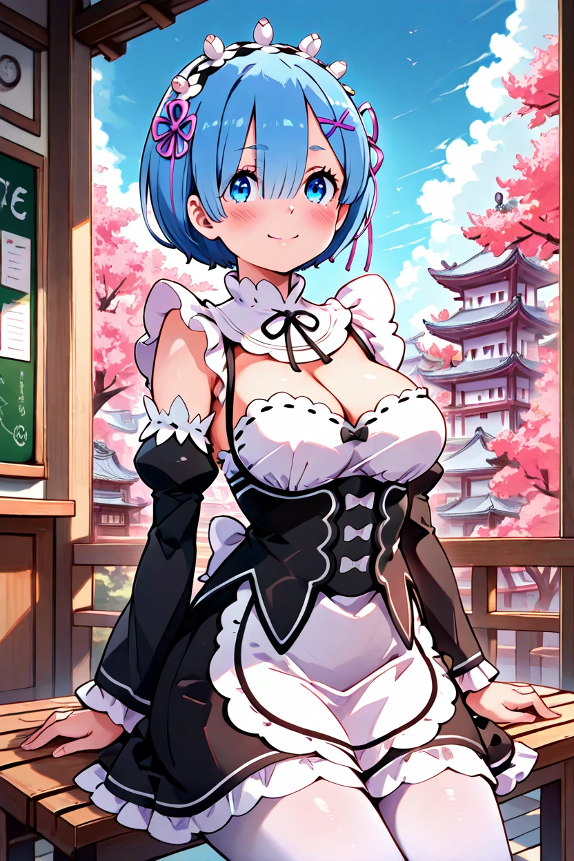masterpiece, best quality, medium breasts, (curvy)  ,,, sitting on bench, side view, looking at viewer ,,,BREAK,  rem (re:zero), 1girl, solo, breasts, looking at viewer, blush, smile, short hair, bangs, blue eyes, large breasts, hair ornament, long sleeves, dress, ribbon, cleavage, medium breasts, closed mouth, blue hair, hair ribbon, pantyhose, cowboy shot, frills, detached sleeves, indoors, hair over one eye, apron, maid, maid headdress, black ribbon, x hair ornament, waist apron, white apron, white pantyhose, pink ribbon, chalkboard, roswaal mansion maid uniform,,, smile,   pnkBldng, sky, day, cloud, tree, blue sky, building, architecture, east asian architecture,  <lora:PinkBuildingIXL_v2:1.0>,