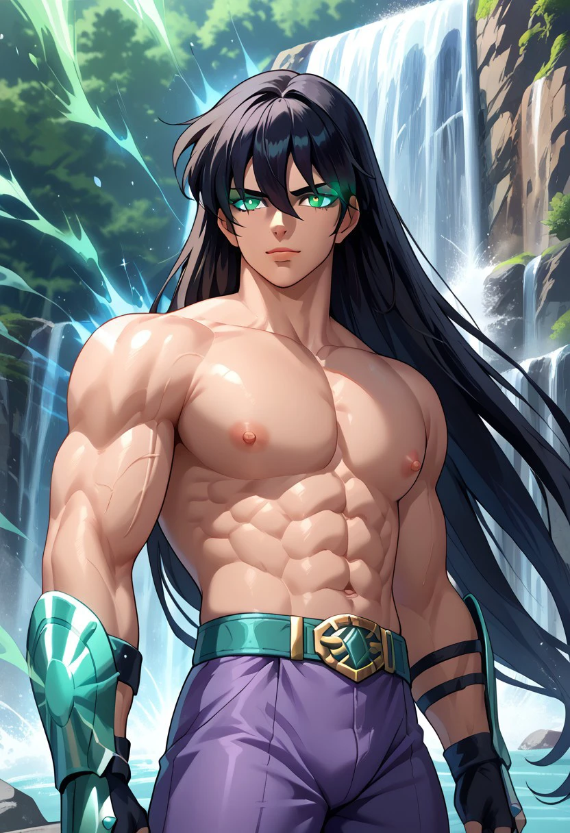 score_9, score_8_up, score_8, score_9, masterpiece, portrait, upper body focus, close shot, ultra high quality, hd render, male focus, Shiryu, young twink, very long hair, black hair, long bangs, hair over eyes, floating hair, green eyes, glowing eyes, light skin, chinese boy, handsome boy,
topless, muscular pectorals, nipples, muscular chest, huge biceps, vambraces, fingerless gloves, belt, waist armor, purple pants, green aura, body aura, aura glowing, 
narrow features, standing, front side view, dynamic pose, dynamic shot, dynamic angle, looking at viewer, waterfall background, hd render, high quality,