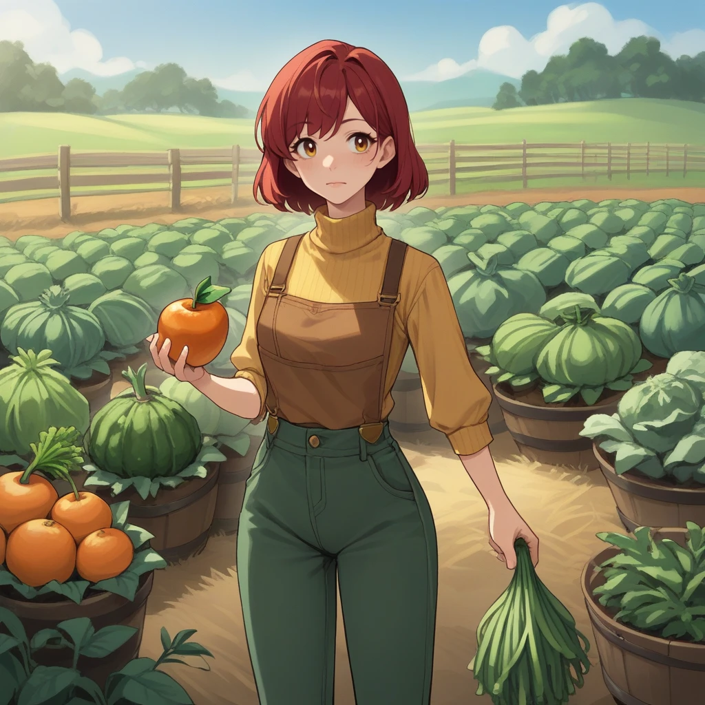 zPDXL2,score_9, score_8_up, score_7_up, score_6_up, score_5_up, score_4_up, source_anime, 1girl, yellow turtleneck, green pants, red hair, cowboy shot, <lora:Farm_Crop_Field:0.7> f4rm, outdoors, farm field, vegetable garden, fruits, flowers