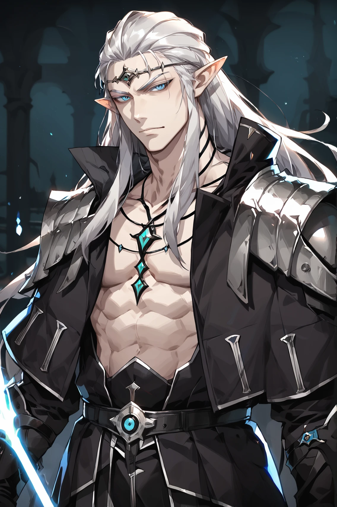 drukhari, score_9_up, score_8_up, score_7_up, score_6_up, solo, 1boy, zPDXLxxx, rating_explicit, male elf, brieg, devious smirk, lanky, sharp face, narrow face, white hair, long hair, masculine, blue eyes, black clothing with silver accents, circlet, open shirt, abs, pectorals, pale white skin, pointy ears, dark fantasy art, grimdark, best_quality, masterpiece, dark cold color scheme, valorant style, dvs, head down, Drukhari, spiked armor, dark armor, Drukhari armor, aeldari  <lora:sxz-valorant-smol-v2-pdxl:0.2> <lora:Concept Art DarkSide Style LoRA_Pony XL v6:0.9> <lora:Brieg_-_Epic_Seven:0.8>