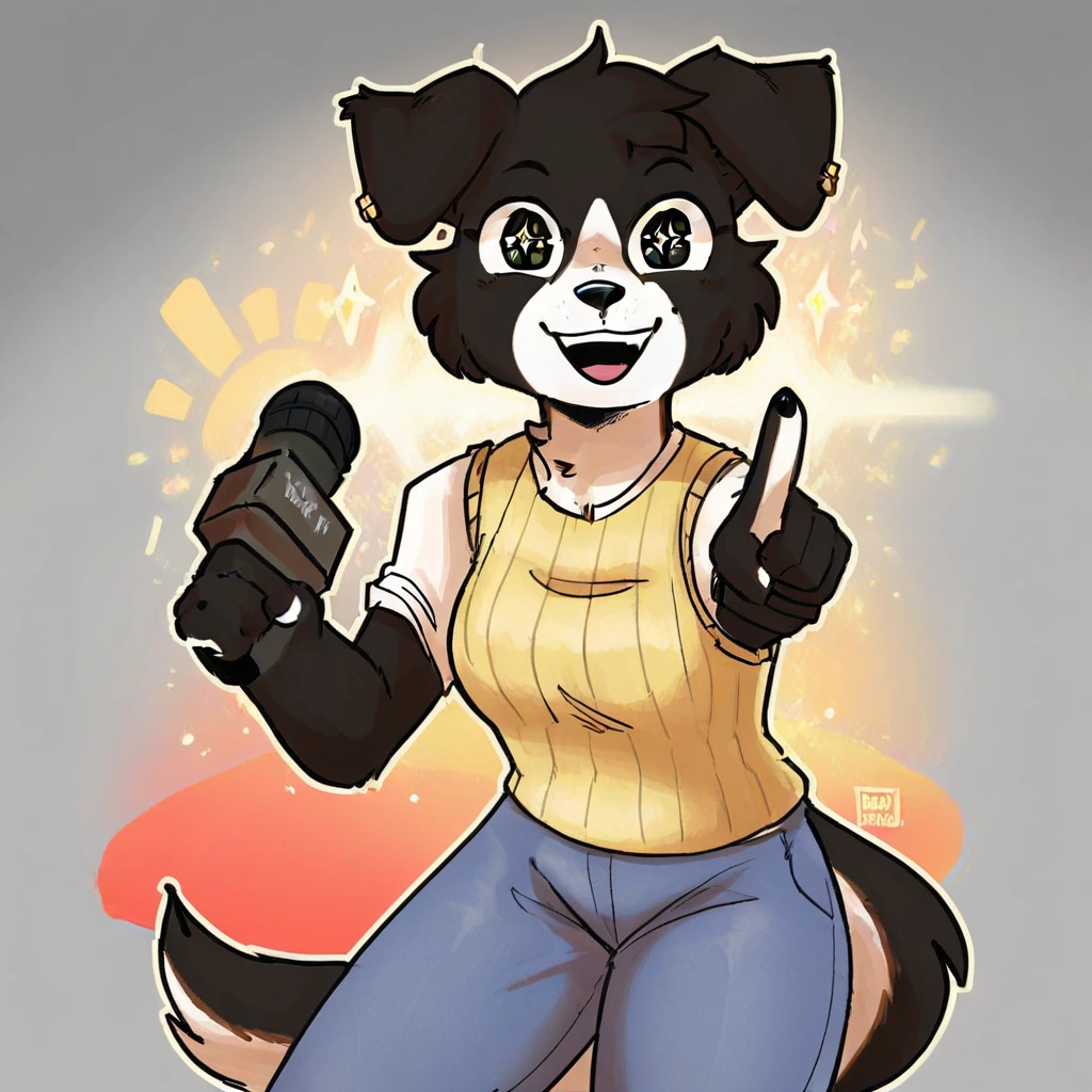 lucyAdams, canine, grey fur, white fur, two-tone fur, sparkling eyes, ear piercing, border collie, female, furry, solo, 1girl, happy, holding microphone, sweater vest, shirt, pants, pointing at viewer