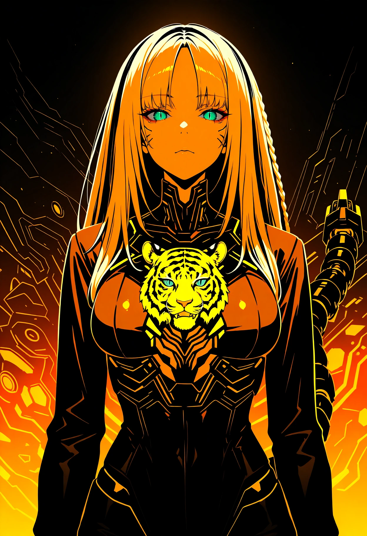 masterpiece, best quality, 1girl, solo, KoganeiNiko, green eyes, slit pupils, multicolored hair, blonde hair, black hair, long hair, side braid, parted bangs, orange theme, dark theme, limited palette, lineart, cyberpunk, glowing eyes, (cyborg, mechanical, mechanical tail, tiger, machine, horror \(theme\)), abstract background, <lora:ChamKoganeiNikoIllustriousXL:1>