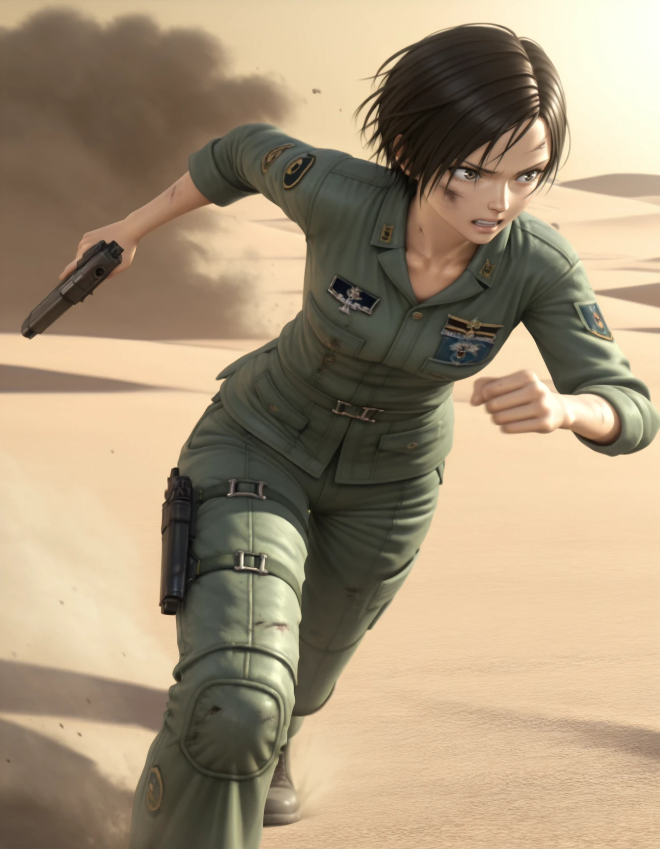 <lora:nagase-kei-ac5-v2-illustrious-000030:1> n4g4s3ke1, military uniform, pants
1girl, solo, running, desert, battle, dynamic, battle damage, handgun, dust cloud, motion blur
masterpiece, best quality, 3d, masterpiece, best quality