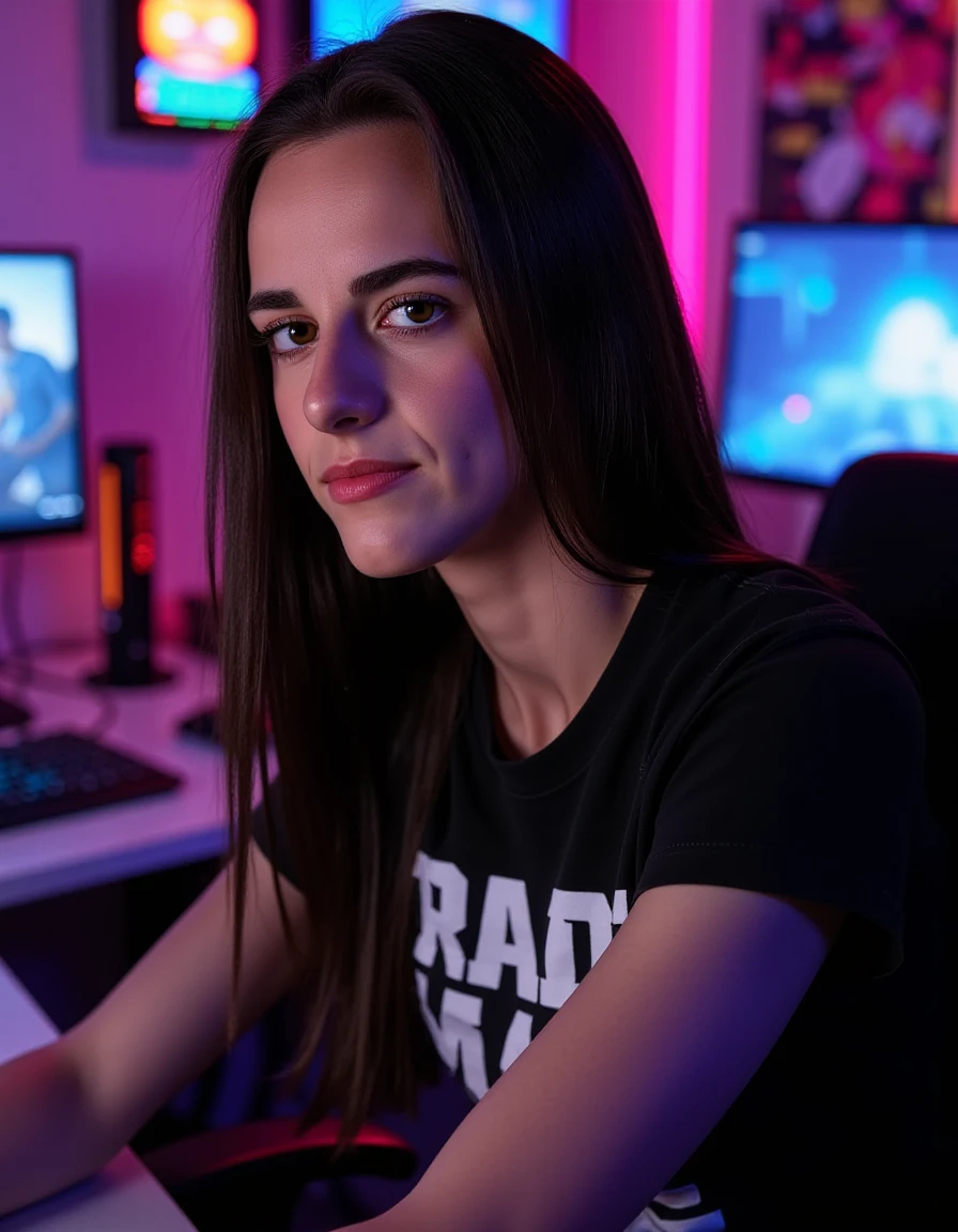 caitlin, clark,  amazingly detailed, masterpiece, ultra hd, full body, dynamic angle, beautiful woman, computer gamer, gaming computer, gaming chair, playing cyberpunk 2077, neon bedroom, streamer setup, cyberpunk theme, wild long hair, brown , high detail hair, smokey eye shadow, high detail skin, high detail eyes, seductive eyes, smokey makeup, slender body, toned body, perfect face, slim athletic body,  (cold attitude, eyeshadow, eyeliner:1. 6) (Vintage Retro Gaming 2077 Style T-Shirt) , vibrant colors, beautiful, dramatic lighting, shallow depth of field, Ultra-realistic, beautiful lighting