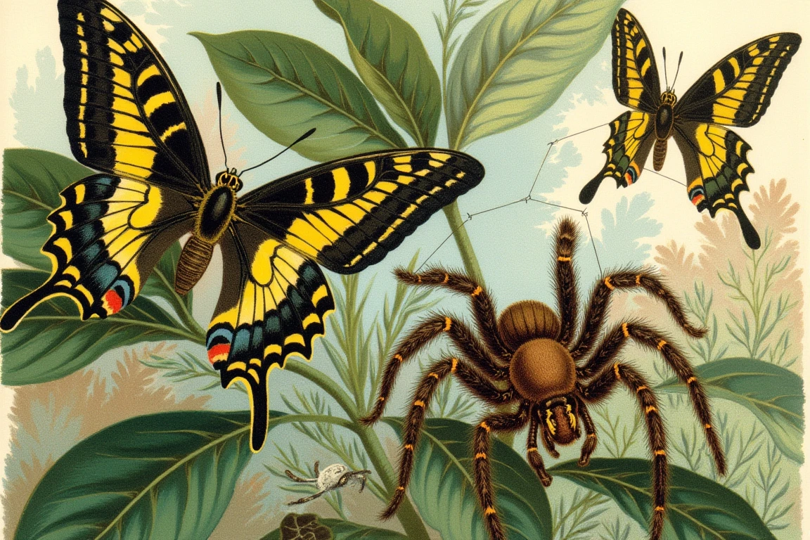 An illustration in John George Wood style, coloured crayons, a vibrant illustration featuring a striking butterfly, an intricate spider with its web and prey amidst lush foliage.