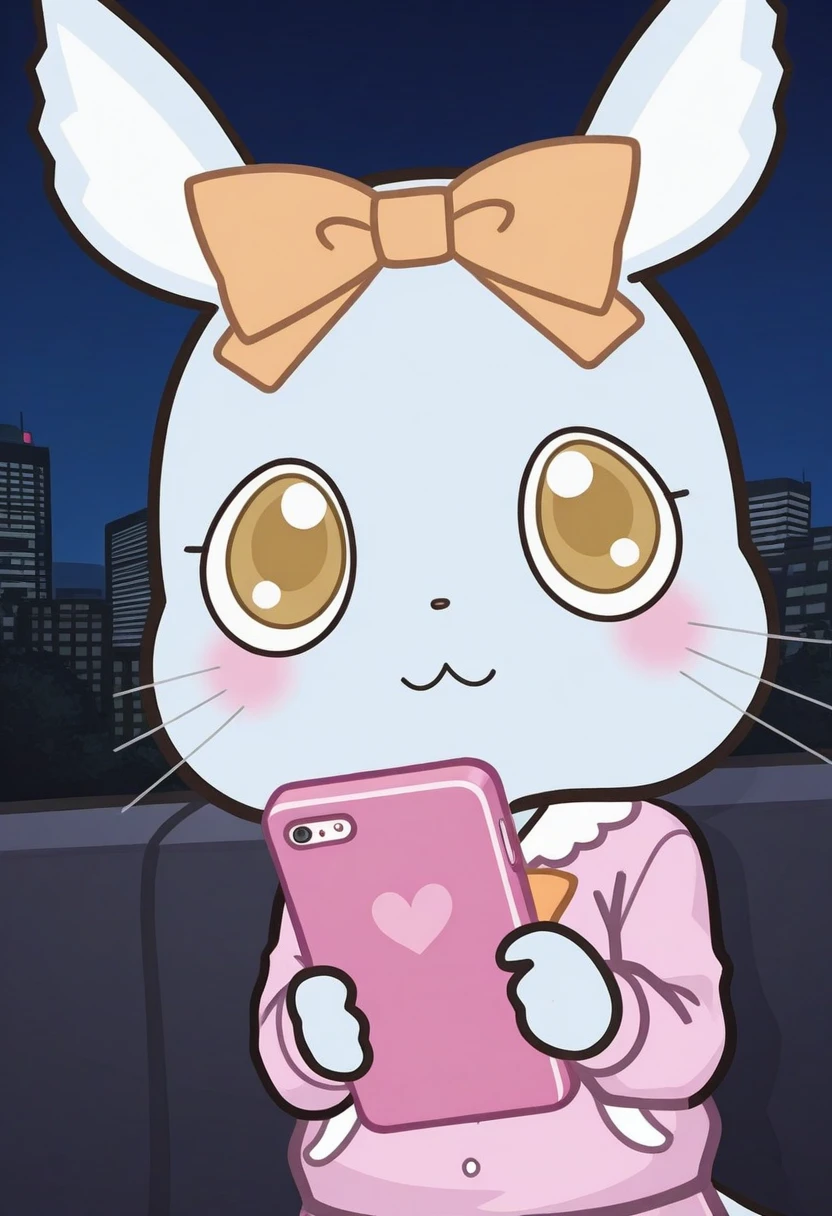 best quality, masterpiece, Man4ka, anthro, female, Aggretsuko, 1girl, solo, blush, bow, holding, animal ears, yellow eyes, hair bow, no humans, :3, night, phone, cellphone, smartphone, furry, holding phone, city, orange bow, whiskers