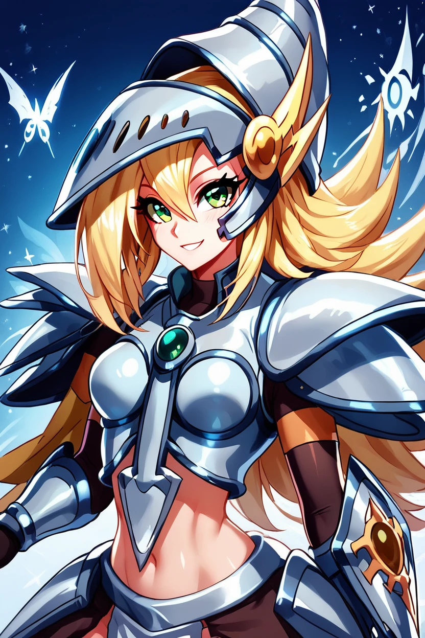 score_9, score_8_up, score_8, medium breasts, (curvy), cute, eyelashes,       BREAK, , ,,,   zzDMGDragonKnight, green eyes, long hair, blonde hair, hair between eyes, armor, helmet, ,<lora:DarkMagicianGirl_DragonKnight_PDXL:1.0>, ,,, , BREAK, ,,, upper body, smile, looking at viewer, ,,, shiny skin, <lora:ProAnime_PDXL_v1:0.8>, night, soft shadows, moonlight reflecting off skin, whisper of wind, ,,, embedding:zPDXL, Expressiveh, <lora:SDXLFaeTastic2400:0.5>, <lora:Expressive_H-000001:0.4>,