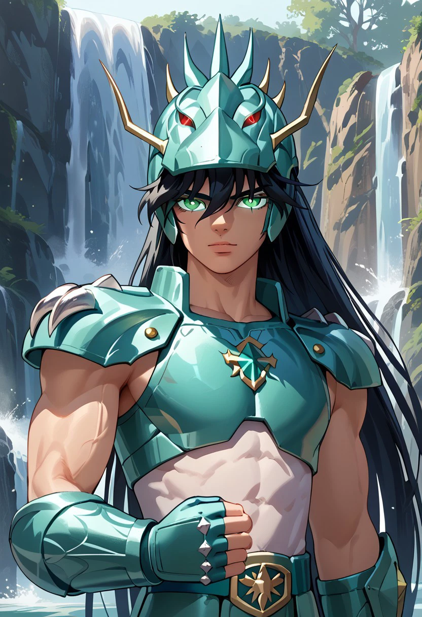 score_9, score_8_up, score_8, score_9, masterpiece, portrait, upper body focus, close shot, ultra high quality, hd render, male focus, Shiryu, young twink, very long hair, black hair, long bangs, hair over eyes, green eyes, glowing eyes, light skin, chinese boy, handsome boy,
green armor, helmet, dragon helmet, pauldrons, shoulder pads, vambraces, gauntlets, gloves, fingerless gloves, chest plate,
narrow features, standing, dynamic pose, dynamic shot, looking at viewer, waterfall background, hd render, high quality,