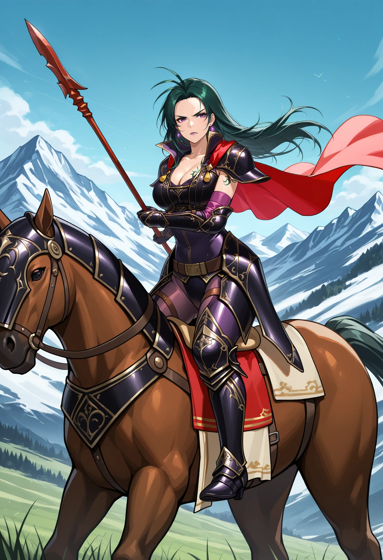 masterpiece, best quality, 1girl, full body, horseback riding, horse, serious, holding polearm, spear, <lora:PetrineFE-illu:1> petrineFE, long hair, dark green hair, antenna hair, purple eyes, purple lips, earrings, armor, cleavage, breast tattoo, pauldrons, elbow gloves, vambraces, red cape, leotard, pantyhose, purple legwear, thigh strap, armored boots, outdoors, mountain, sky