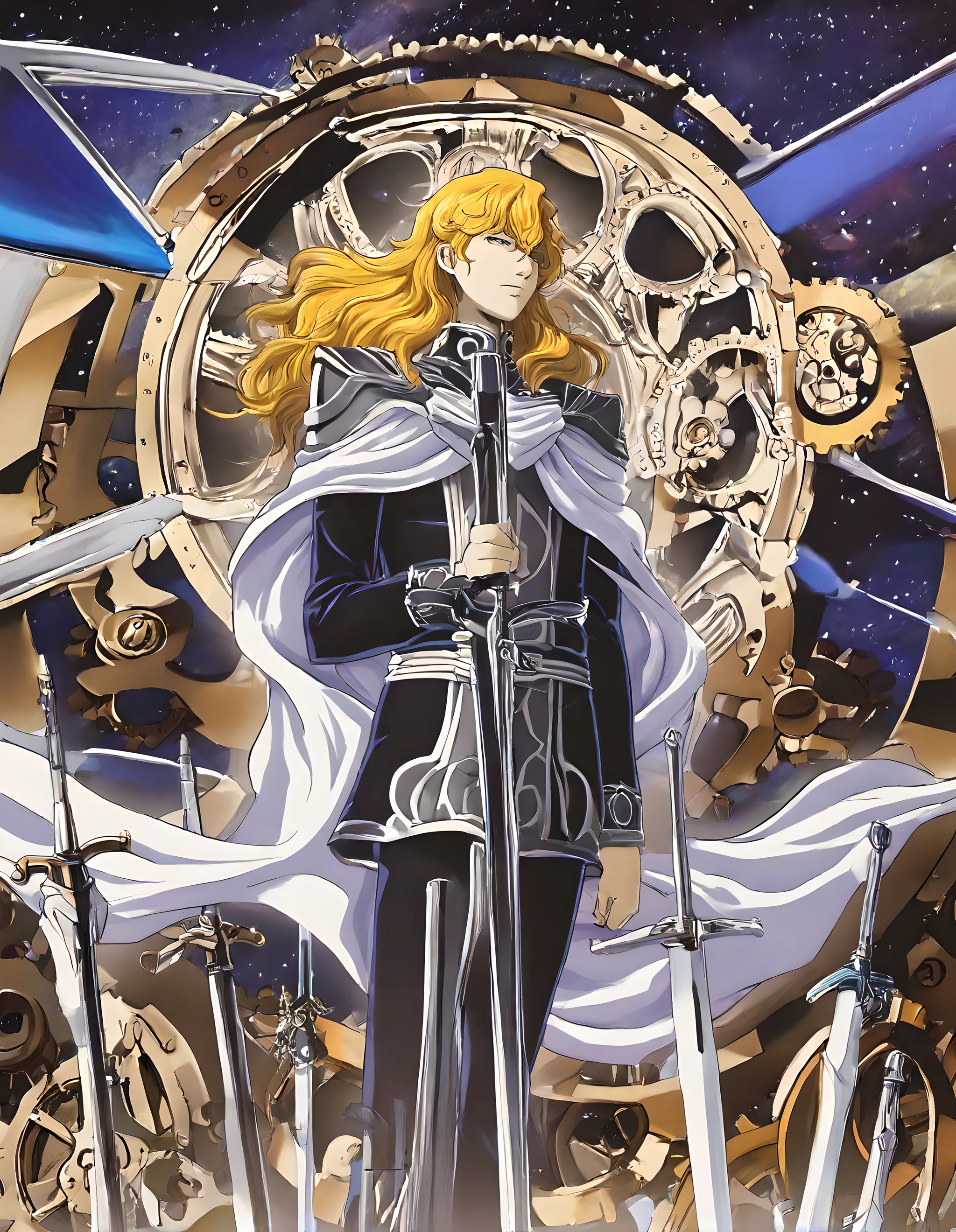 <lora:illustrious_XL_ubw:0.5>,ubw,gears,weapon,sword,planted sword,masterpiece,best quality,good quality,1boy,solo,<lora:illustrious_XL_Reinhard:0.9>,Reinhard,star \(sky\),hyper_galaxy,