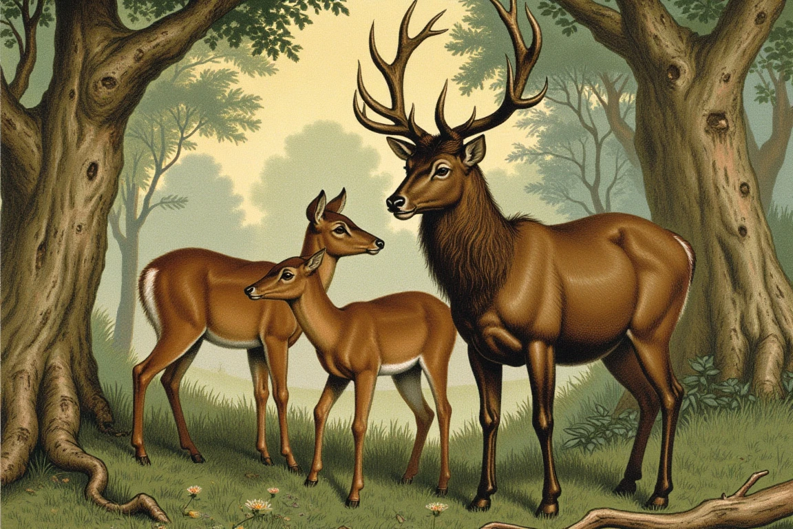 An illustration in John George Wood style, coloured crayons, a serene forest scene featuring a majestic stag, two deer fawns with their mother's protective gaze.