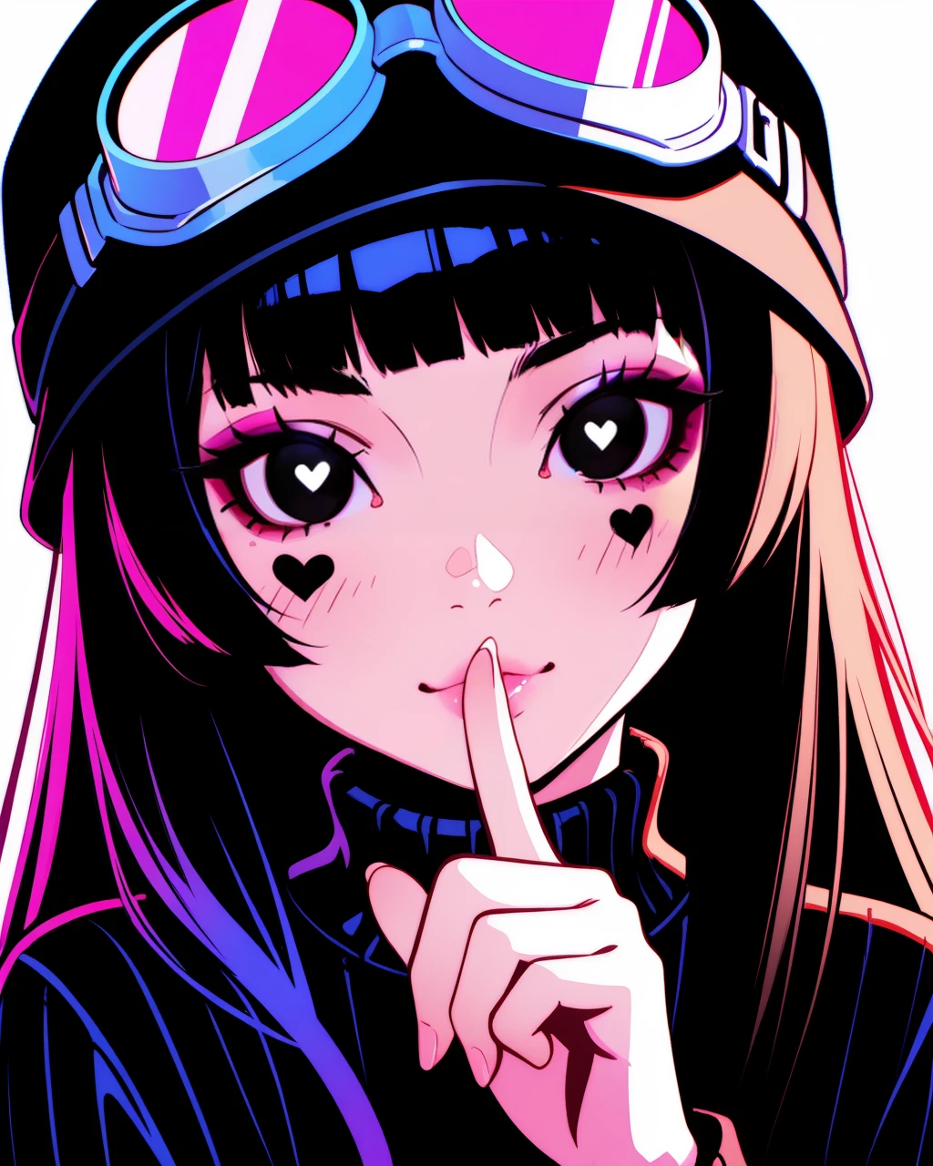 masterpiece, best quality, NeoNiILIK, vibrant, glossy style, bold, vivid colors, soft shading and highlights, expressive eyes, ilya kuvshinovâs style, 1girl, solo, black hair, bangs, goggles, long hair, sweater, looking at viewer, heart, lips, finger to mouth, blunt bangs, black eyes, black sweater, turtleneck sweater, turtleneck, goggles on head, simple background, pink lips, facial mark, portrait, ribbed sweater, index finger raised, makeup, shushing, hat, fingernails, soft lighting, pastel tones, anime-inspired art style, smooth shading, vibrant highlights, painterly textures, subtle gradients, delicate details, cinematic bokeh, glowing ambiance, crisp edges, bright and airy atmosphere, stylized realism, expressive color palette, warm and inviting mood, <lora:NeoNiILIK:0,7>
