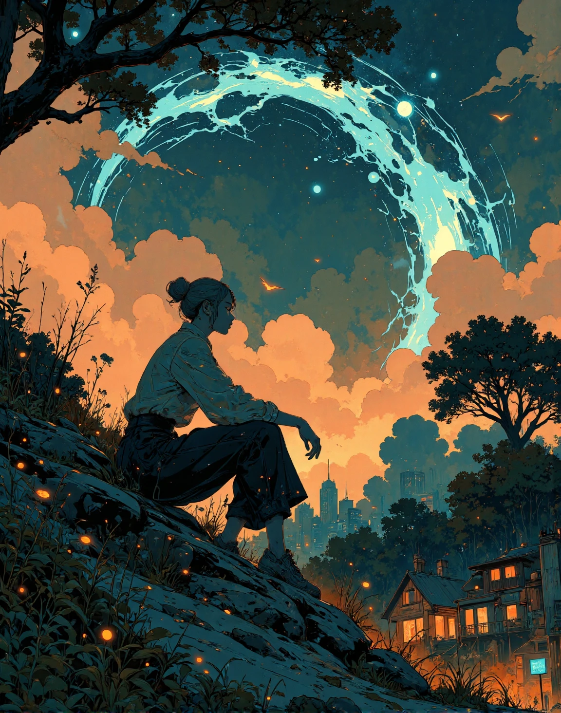 A contemplative and cinematic scene of a young woman with short blonde hair, sitting on a quiet rural road beneath a magnificent starry sky. The Milky Way arcs above her, its vibrant colors glowing brilliantly, while the surrounding silhouettes of trees and faintly illuminated houses add depth and mystery. The warm tones of her surroundings blend seamlessly with the cool hues of the cosmos, emphasizing the harmony between the human figure and the vast universe. The image captures a perfect balance of wonder, tranquility, and introspection.
(masterpiece, top quality, best quality, official art, beautiful and aesthetic:1.3),(1girl:1.3),extreme detailed,colorful,highest detailed,((ultra-detailed)),(highly detailed CG illustration),((an extremely delicate and beautiful)), <lora:Anime v1.3:1> <lora:Blue_Future:0.9> <lora:MUSCLE_GIRL_FLUX:0.4> <lora:ì묵í_No2:0.5>