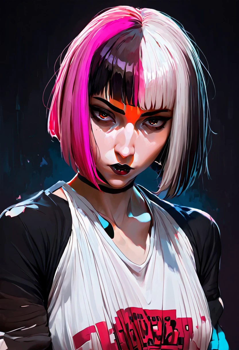 score_9, score_8_up, score_7_up,BREAK,1woman,multicolored hair,white hair,pink hair,red hair,short hair,bob cut,blunt bangs,hazel eyes,eyebrows,black eyeliner,black eyeshadow, goth girl, tshirt,dark background,looking at viewer,