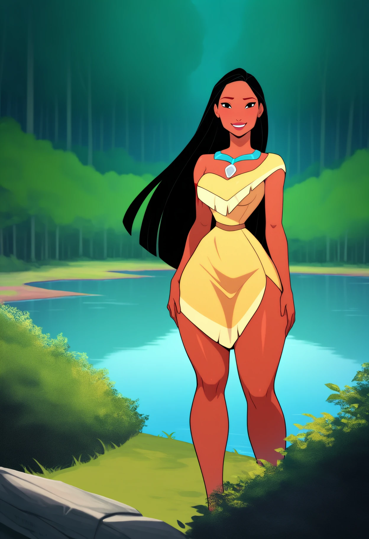 masterpiece, best quality, very aesthetic, absurdres,
1girl, pocahontas, smile, dark skin, long hair, necklace, dress,
medium breasts, narrow waist, wide hips, thick thighs,
hands on hips, looking at viewer, cowboy shot, wide shot, solo, forest, lake, dutch angle <lora:PocahontasNoobXL_byKonan:1>