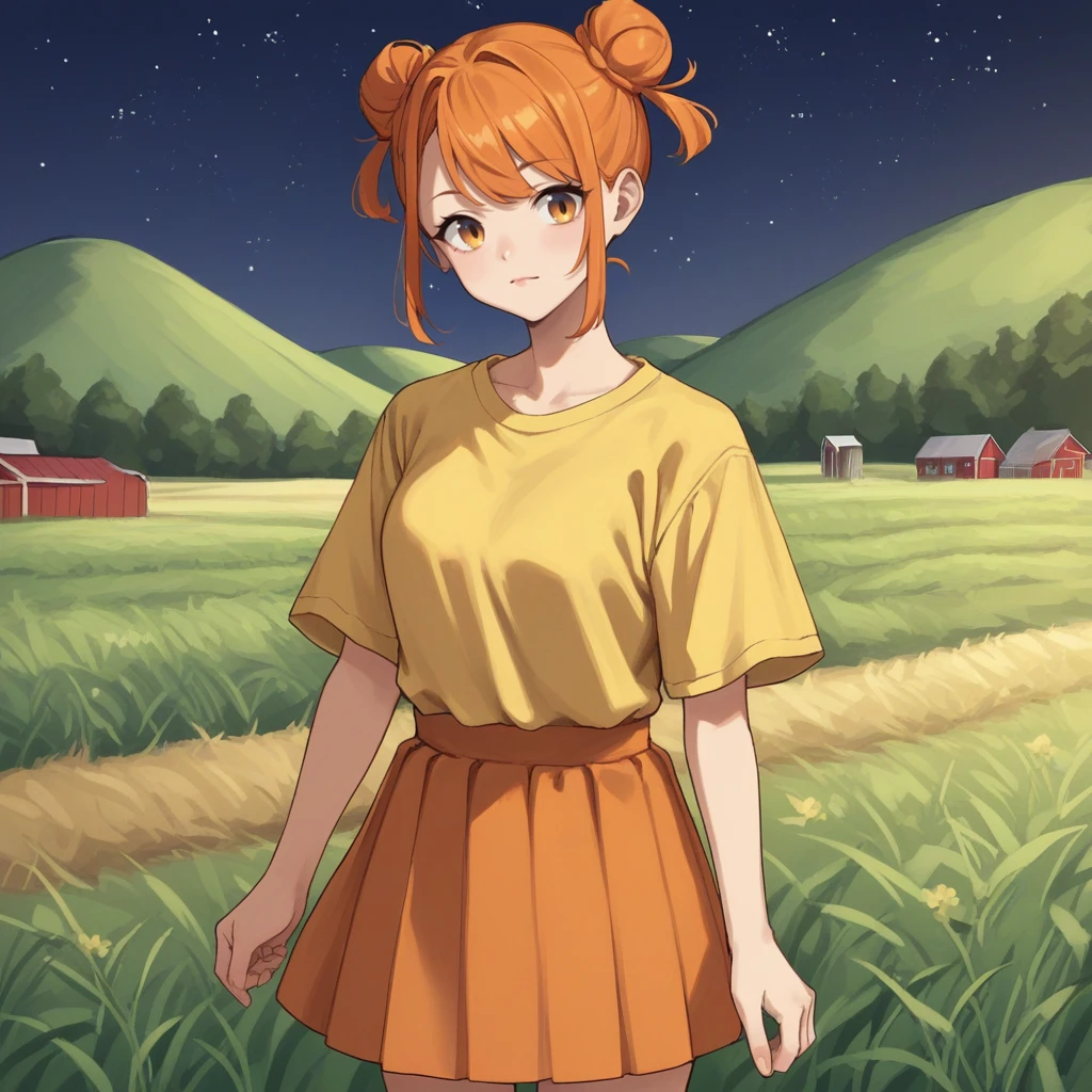 zPDXL2,score_9, score_8_up, score_7_up, score_6_up, score_5_up, score_4_up, source_anime, 1girl, orange hair, hair buns, yellow shirt, orange skirt, cowboy shot, <lora:Farm_Crop_Field:0.7> f4rm, outdoors, farm field, night time, stars