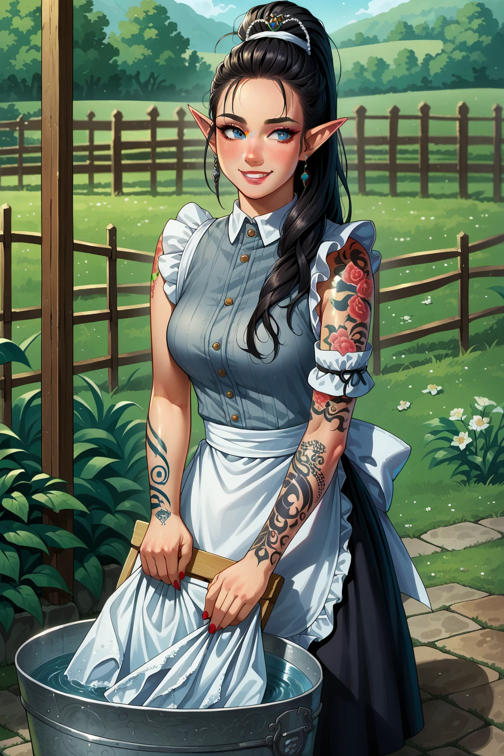 Maid Dress, Black Skirt, White Apron, Mini Skirt, blush,, score_9, score_8_up, score_7_up, source_anime,, solo, soft smile, light smile.
katya1, 1girl, Dark hair, long hair, high ponytail, Nail Polish, Tattoo on left arm. Floral Tattoo. Tattoo Sleeve. Elf Ears, Sexy Elf Woman, medium breasts, Vintage Washboard, Glass Washboard, Frottoir, Washing Laundry, Scrubbing Laundry, Scrubbing. Suds. Scrubbing on Washboard. Washtub, Zinc Tub. outdoors.