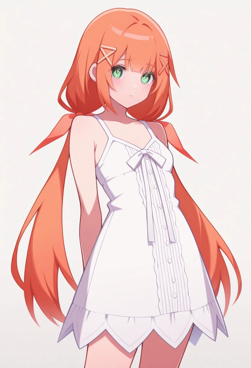 masterpiece, best quality, strelitzia (kingdom hearts), x hair ornament, low twintails, white dress, hair ribbon