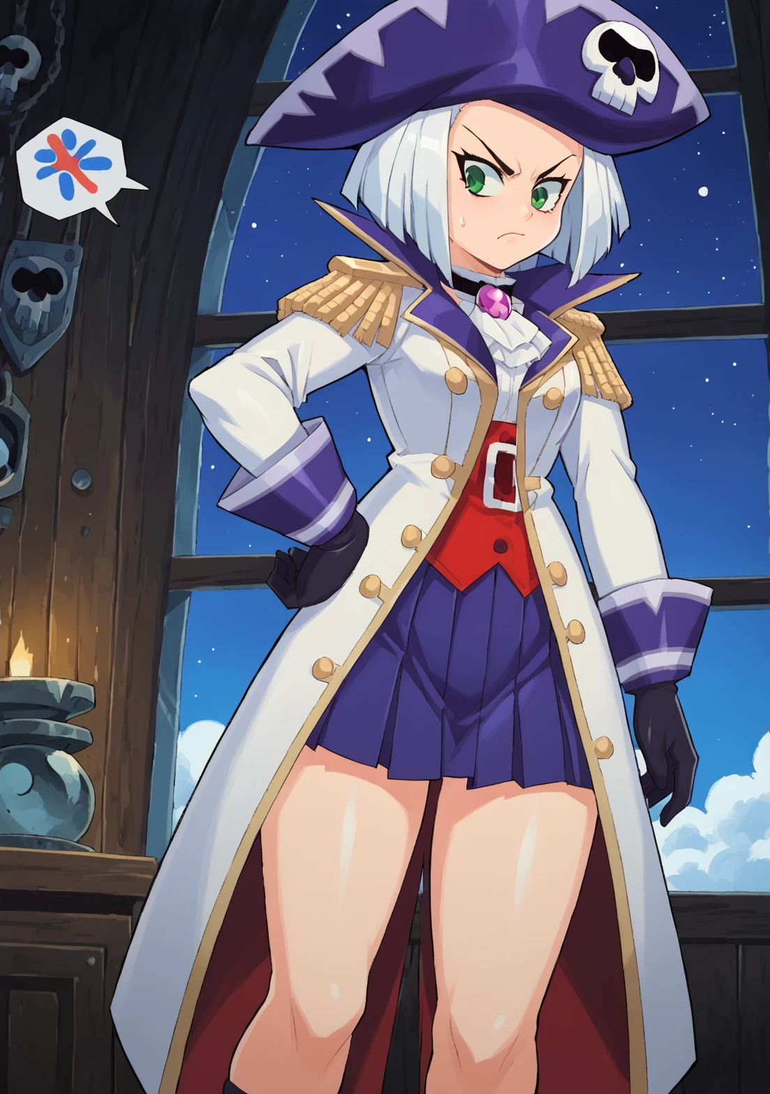 score_9, score_8_up, score_7_up, source_anime BREAK, 1girl, solo, captainrosepony, white hair, short hair,  purple hairband, green eyes, white coat, behind, epaulettes, hat, pirate hat, skulls and crossbones, from behind, looking back, pleated skirt, miniskirt, spoken exclaimation point, black gloves, large hips, angry, standing, hands on hip, airship, gold exterior, rich, clouds, night, starry sky, inside, windows <lora:CaptainRoseZackWiki:1>